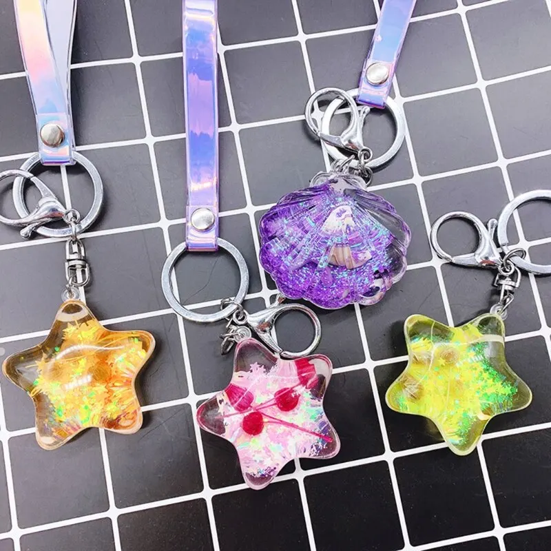 

Keychain Car Accessories Stereo Key Ring Creative Mobile Phone Bag Car Pendant Transparent Cute Scallops Star Shaped Gifts
