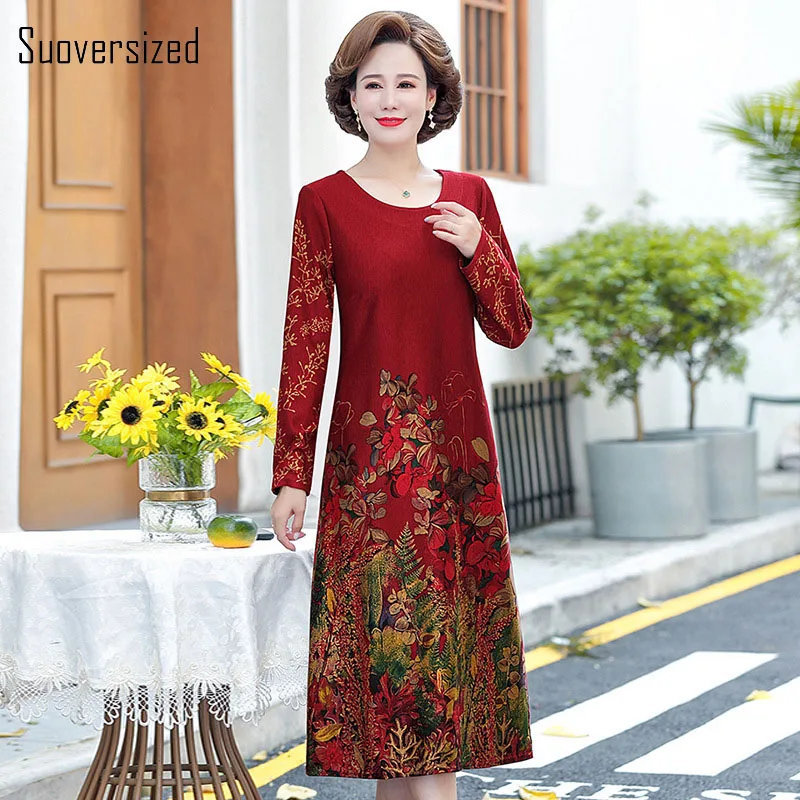 

Middle Aged Women's Printed Straight Dress Autumn Full Sleeve O Neck Loose Waist Floral Mother Vestido Femme Oversized Robes