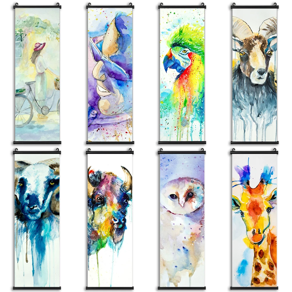 

Висячие свитки животные постер HD картина акварель холст картина жираф птица Настенная картина для детской комнаты домашний декор