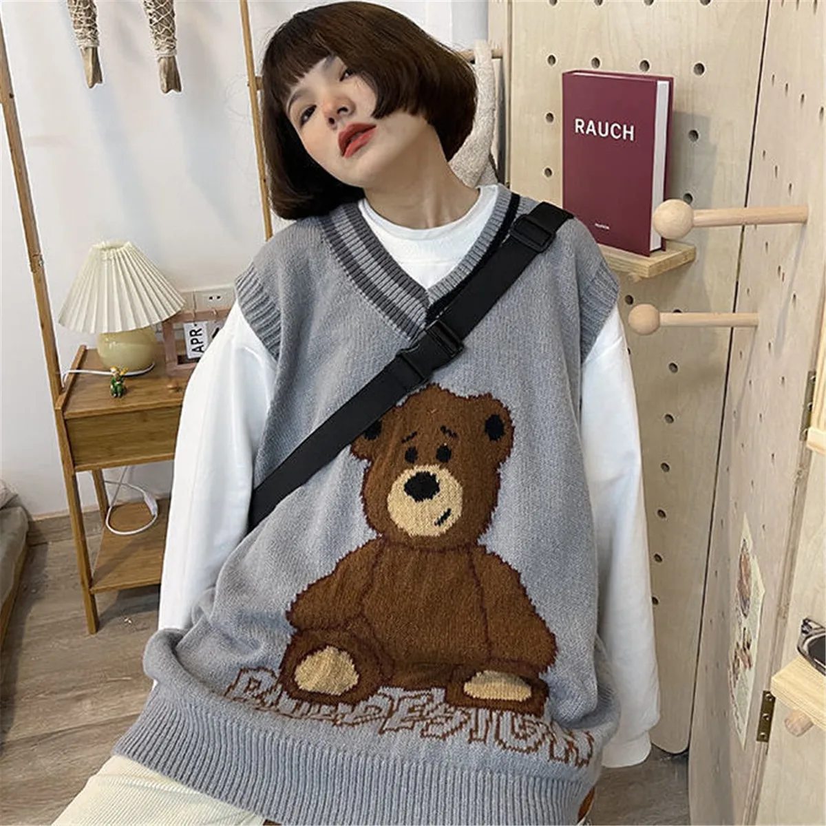 

Черный топ с принтом медведя в стиле хип-хоп, Женский вязаный Свитер оверсайз, Осенние майки в стиле Харадзюку, весенние топы, свободный свит...