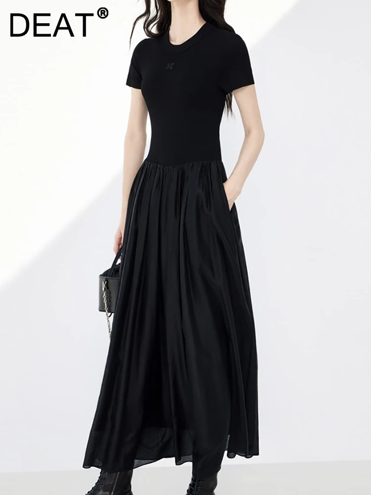 

Женское платье до щиколотки DEAT, лоскутное платье с круглым вырезом, коротким рукавом, эластичным поясом и открытой спиной, лето 2023