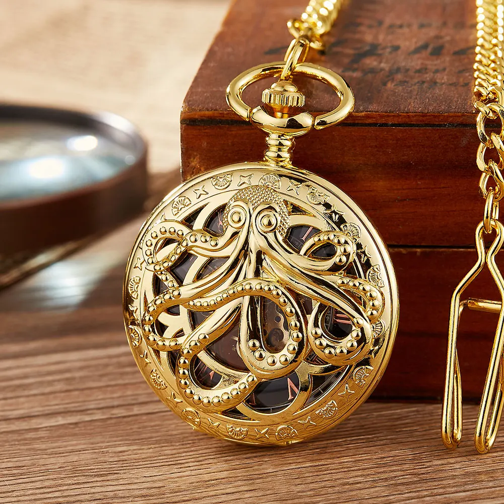 Vintage Retro Skeleton Cute Octopus Animal Mechanical Pocket Watch Mens Fob Chain Golden Automatic Self-winding Women Men Watch