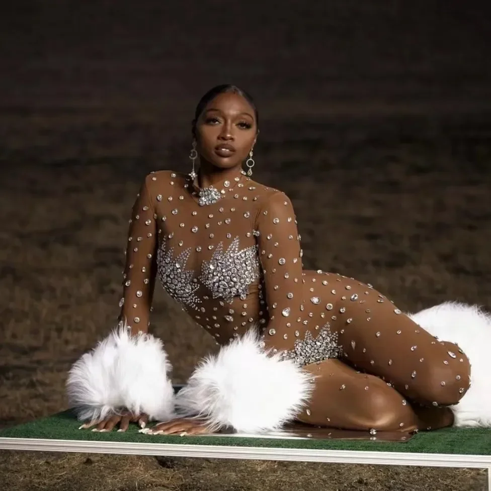 Прозрачный комбинезон с перьями Клубная одежда для фитнеса великолепное платье