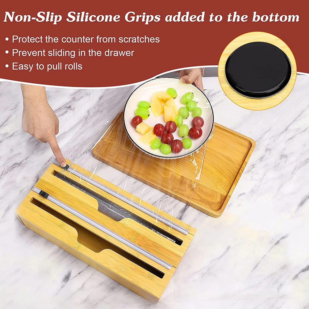 

3 IN 1 Bamboo Wood Plastic Wrap Dispenser Food Wrap Cling Film Storage Organizer Kitchen Plastic Aluminum Foil/Wax Paper