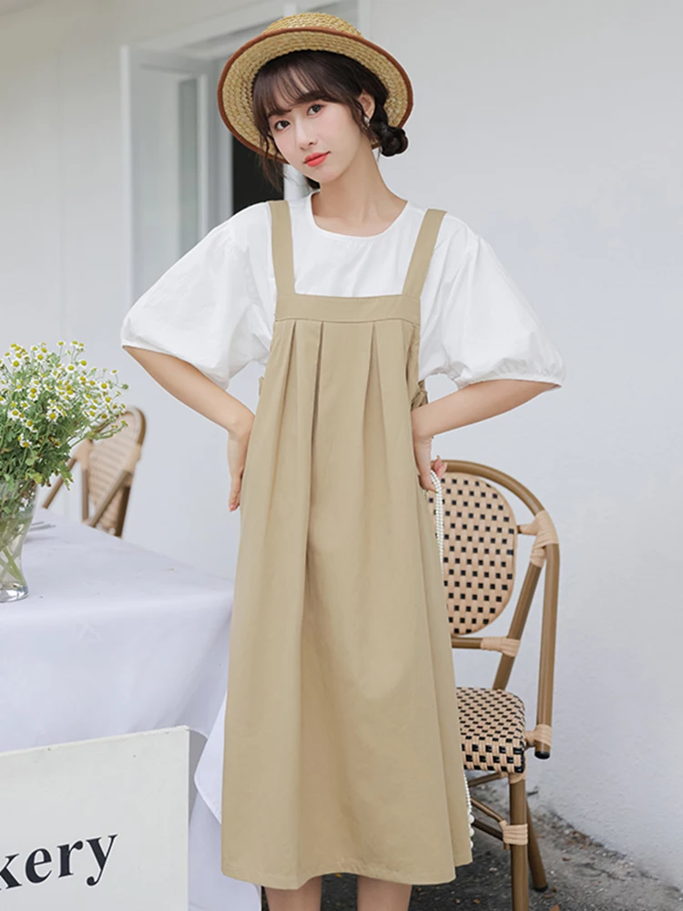 

Summer Women's Dress 2022 Popular College Style Loose Strap Dress Puff Sleeve White Shirt Cotton Strap Dress Set GD662