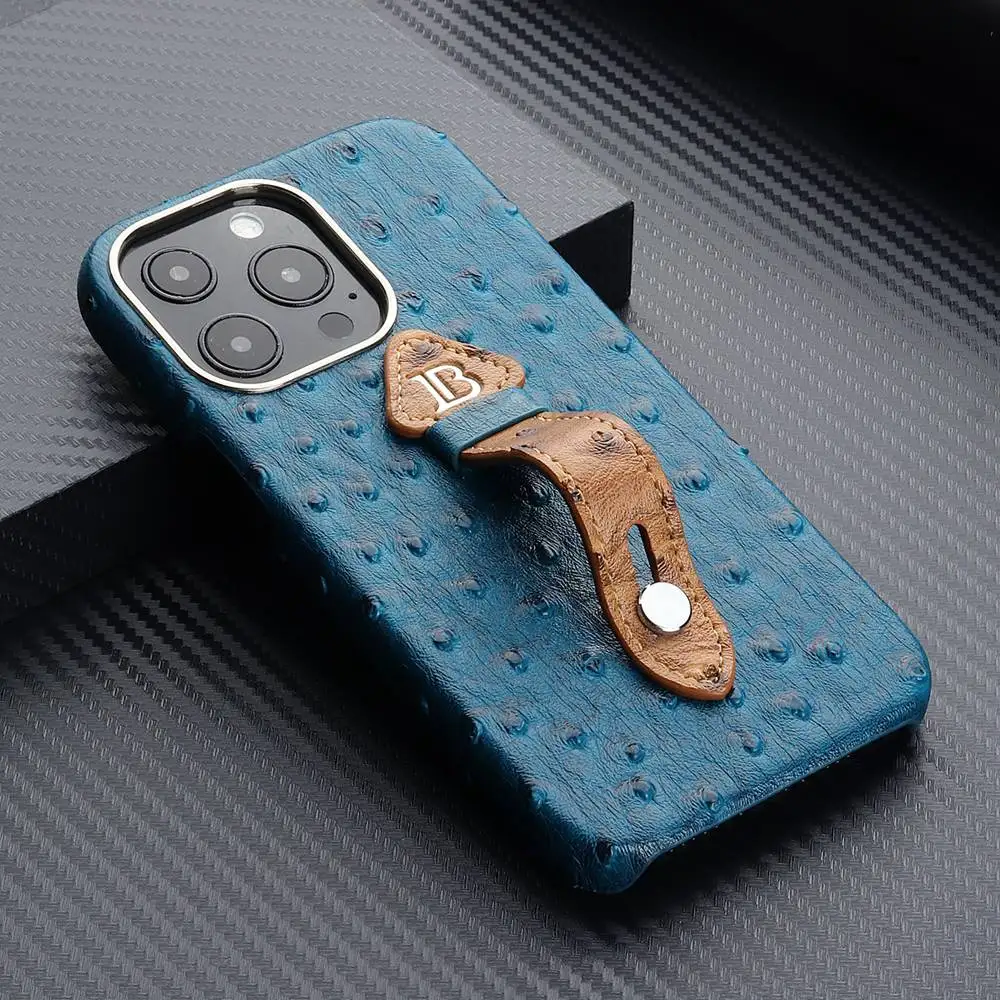 Hand Wrist Strap Stand Ostrich Leather Case For iPhone 13 11 12 Pro Max Mini XR X XS Stylish Retro PC Hard Shockproof Cover images - 6