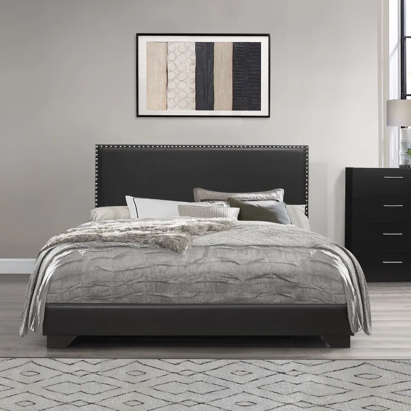 

Queen Beds Willow Nailhead Trim Upholstered Queen Bed, Black Faux Leather Bedroom Furniture/Beds