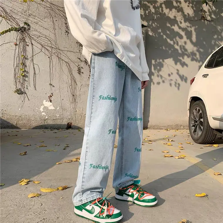

BTFG Autumn New Casual Fashion Retro Design Sense Niche Street Embroidery Letter Straight Pants Loose Slim Pants Plus Size Jeans