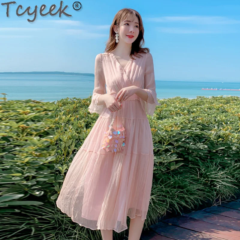 Tcyeek 100% Mulberry Silk Elegant Dresses for Women Summer Beach Dress 23 Woman Clothes Solid Real Silk Dress Lady Vestido Mujer