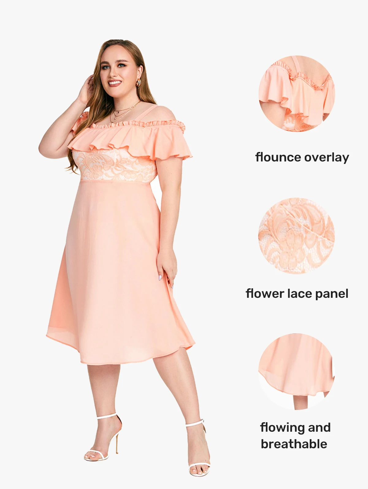 

Платье средней длины с высокой талией и оборками, светильник тным вырезом и открытыми плечами