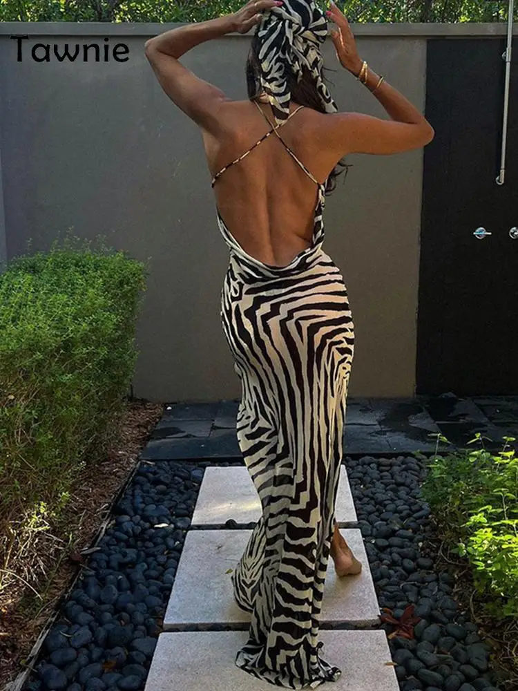 Женское платье с открытой спиной Tawnie летнее Бандажное платье-макси принтом зебры