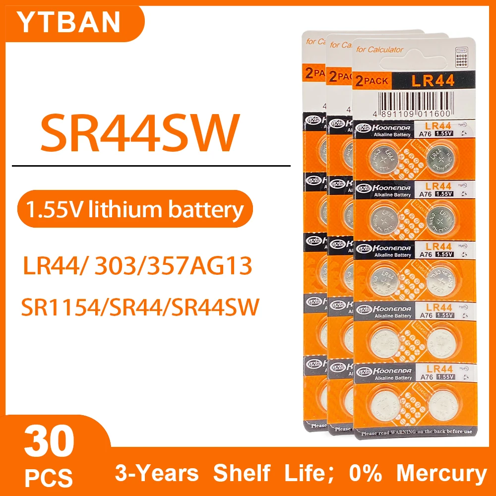 30 шт., щелочные кнопочные батарейки LR44 AG13 1,55 в, L1154 SR44SW 357 303 SR44 A76 G13