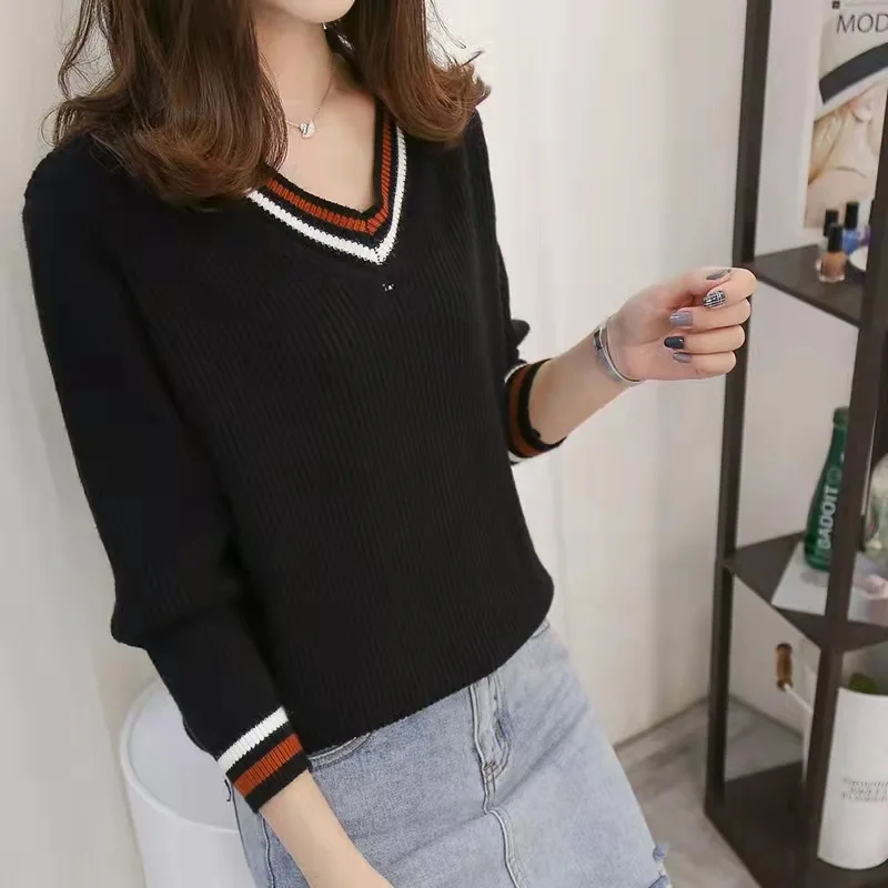 

2022 autumn new casual long-sleeved top V-neck pullover women's White
