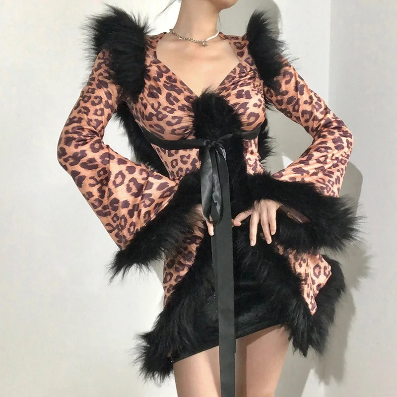 

Style Women's Fashion New Flared Sleeve Sexy V-neck Low-cut Lace-up Printed Leopard Print Nightclub Club Fur Collar Frayed Dress