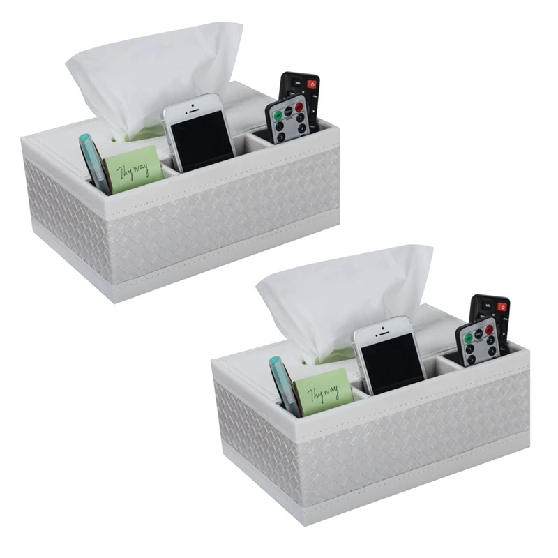 

2X Multifunction PU Leather Pen Pencil Remote Control Tissue Box Cover Holder Desk Storage Box Container (White)