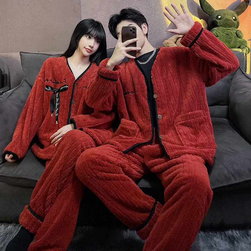 2022 Winter New Couple Home Clothes Women's Flannel Long-Sleeved Trousers Sleeping Wear Plus Velvet Thick Coral Fleece Pajamas