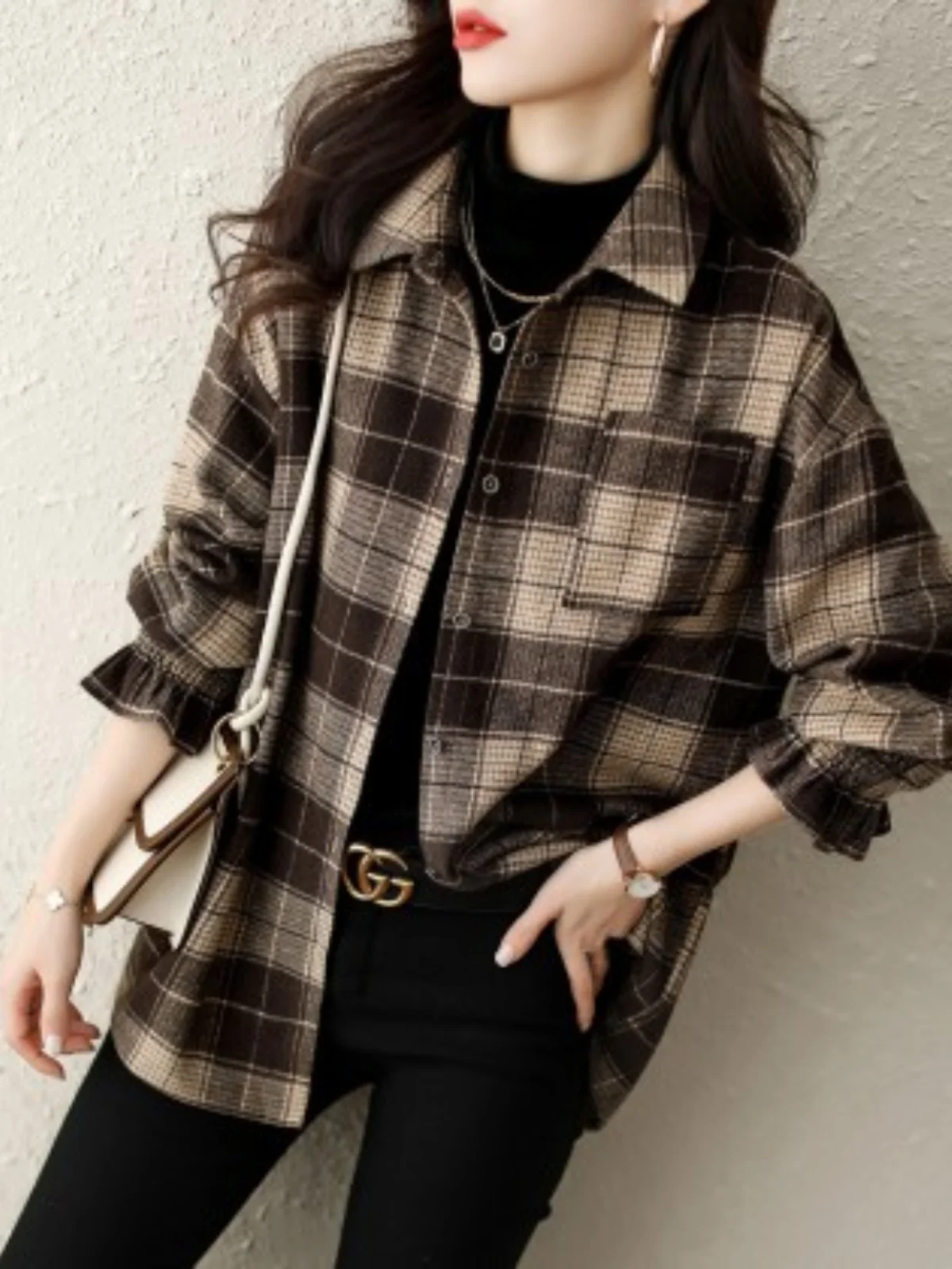 Sanding Plaid Shirts Outerwear Women's Clothes Spring and Autumn Winter 2024 New Elegant Top Shirt Long sleeve