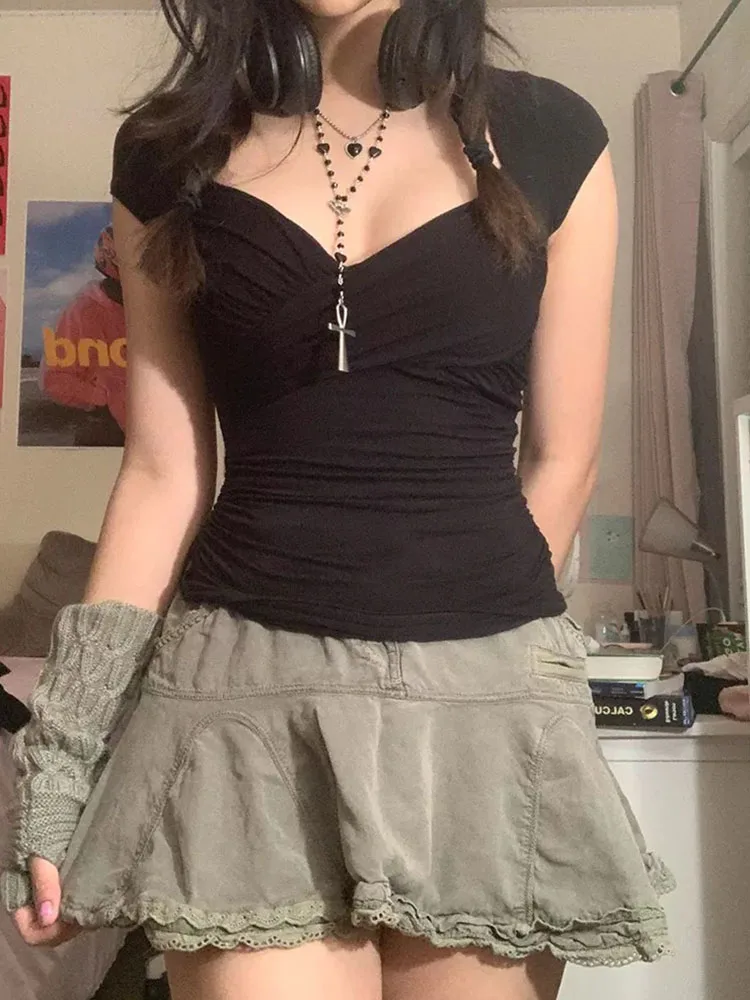 

Cross Crop Top Folds Black Square Collar T Shirt Short Sleeve Square Collar Cute Chic Tee