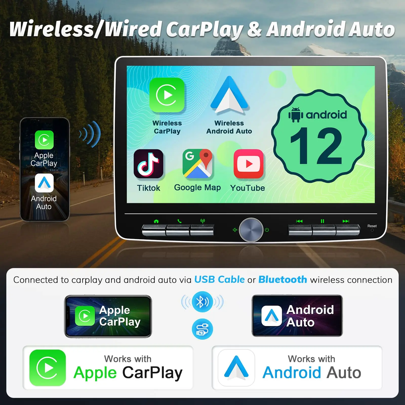 Фото Двойной сенсорный экран Din, радиоприемник, 10 дюймов, Android Auto, 2 Din, автомобильная стереосистема, сенсорный плавающий экран, совместимый с Apple Carplay №3
