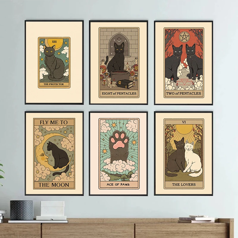Современный стиль черно-белый постер Таро с котом на холсте акварельная живопись