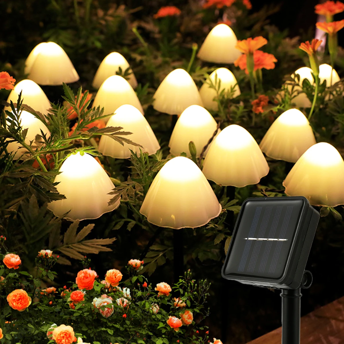 

New 12.5ft Mushroom Solar Light with 12 LEDs Mushroom Stake Lights IP44 Waterproof Mushroom Fairy Light with 8 Modes and Warm
