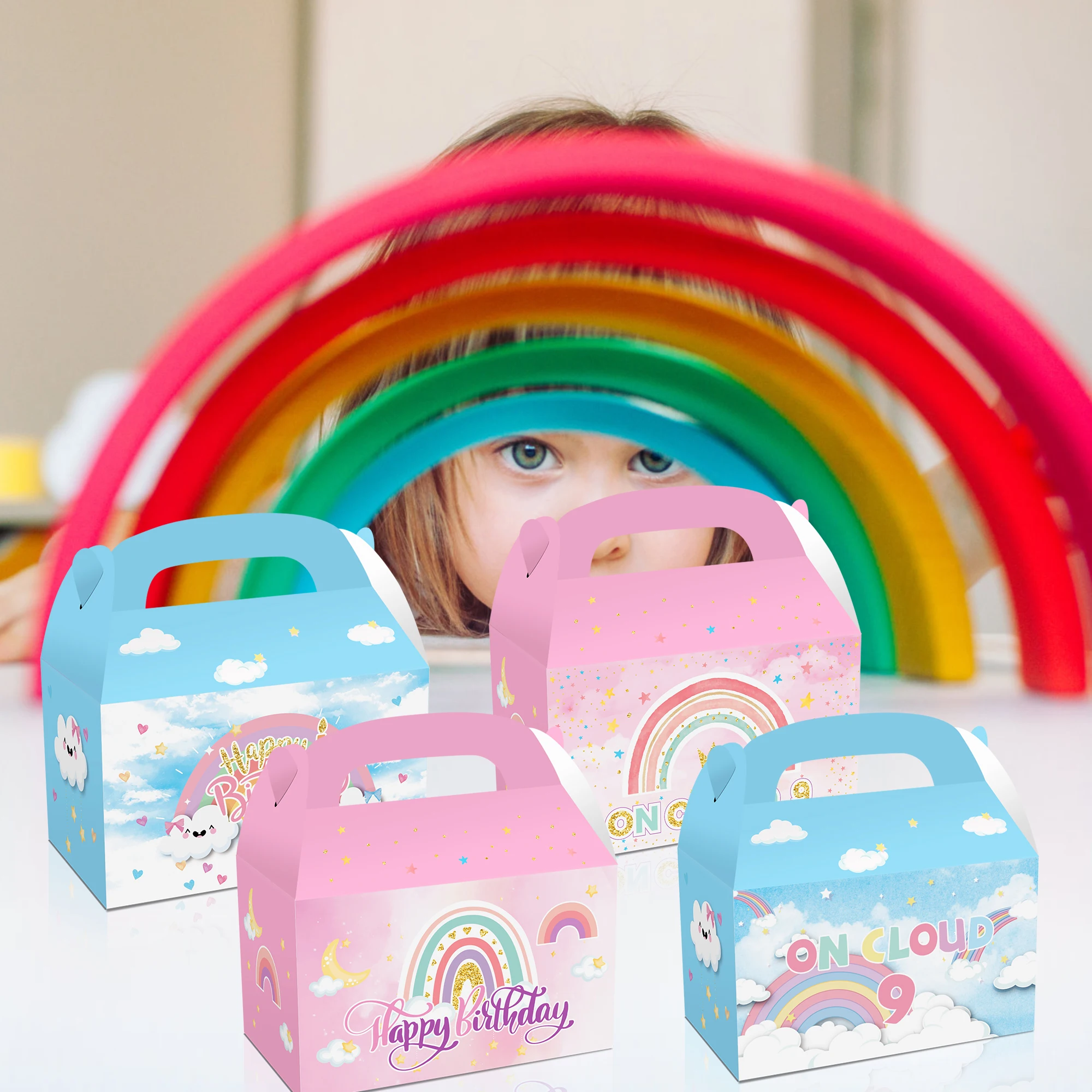 

DD213 4Pcs Kids Sweet Cartoon Rainbow Cloud Birthday Party Cake Candy Packing Portable Gifts Boxes Baby Shower Party Decorations