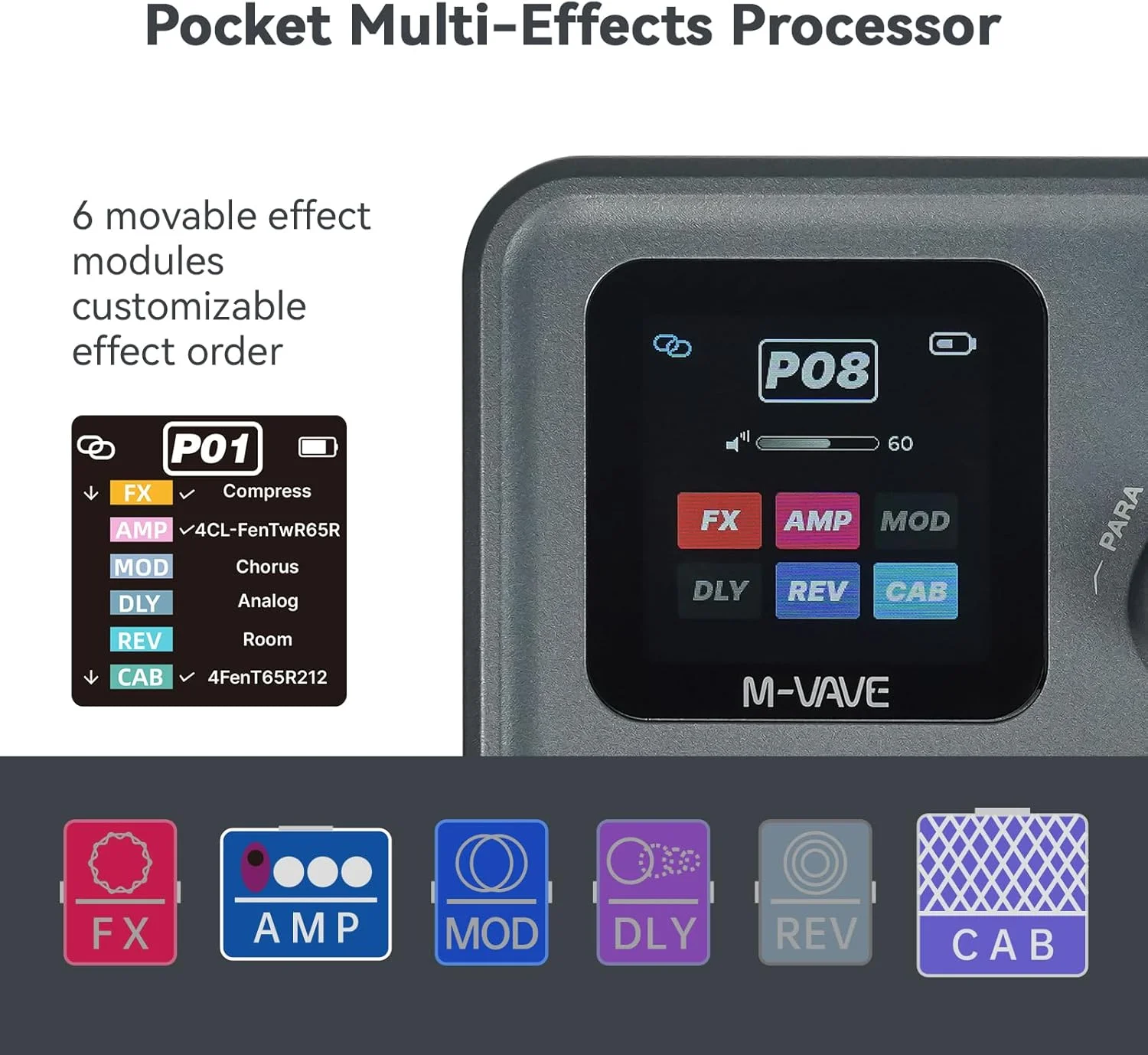 Фото M-VAVE Pocket AMP Gray, процессор мультиэффектов, 1.54-дюймовый HD-экран, цепочка эффектов 6+1, аудиоинтерфейс USB-C, для гитары/баса №2
