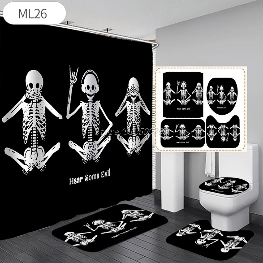 

Black Skull Skeleton Printed Shower Curtain Set Horrible Halloween Festival Bathroom Decor Pedestal Rug Lid Carpet Toilet Cover