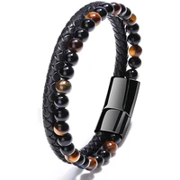 tiger eye leather bracelet black braid leather bracelet for men wristband with magnetic claps natural crystal tiger eye beads