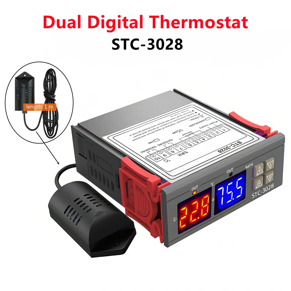 

STC- 3028 3028 Dual Digital Temperature Controller Hygrometer C/F Thermostat Two Relay Output AC 110V 220V DC 12V 24V 10A