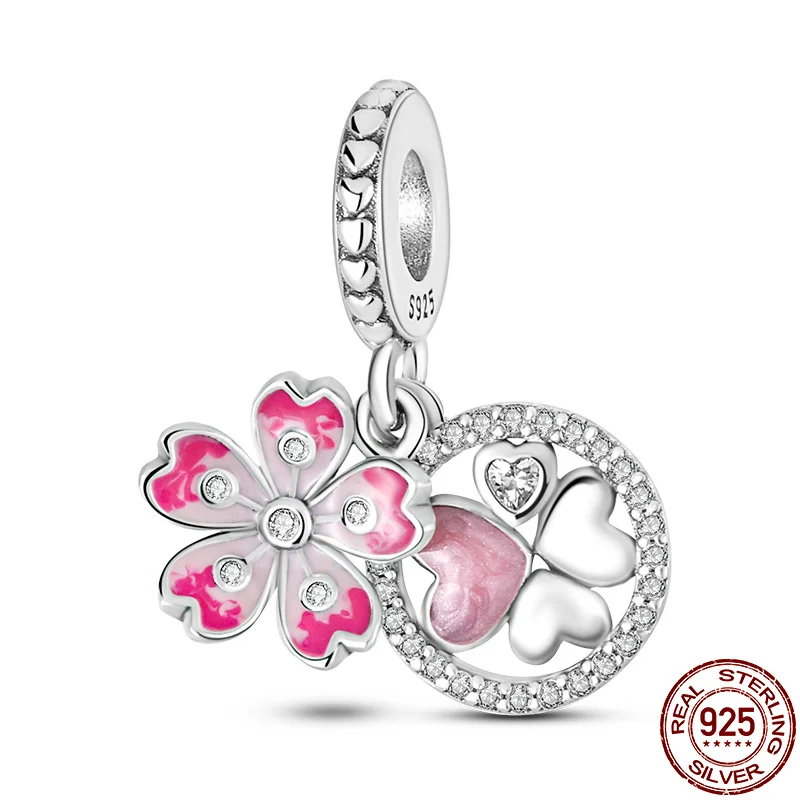 925 Серебряная розовая серия отпечатки лап цветы Бабочка мама дерево милая