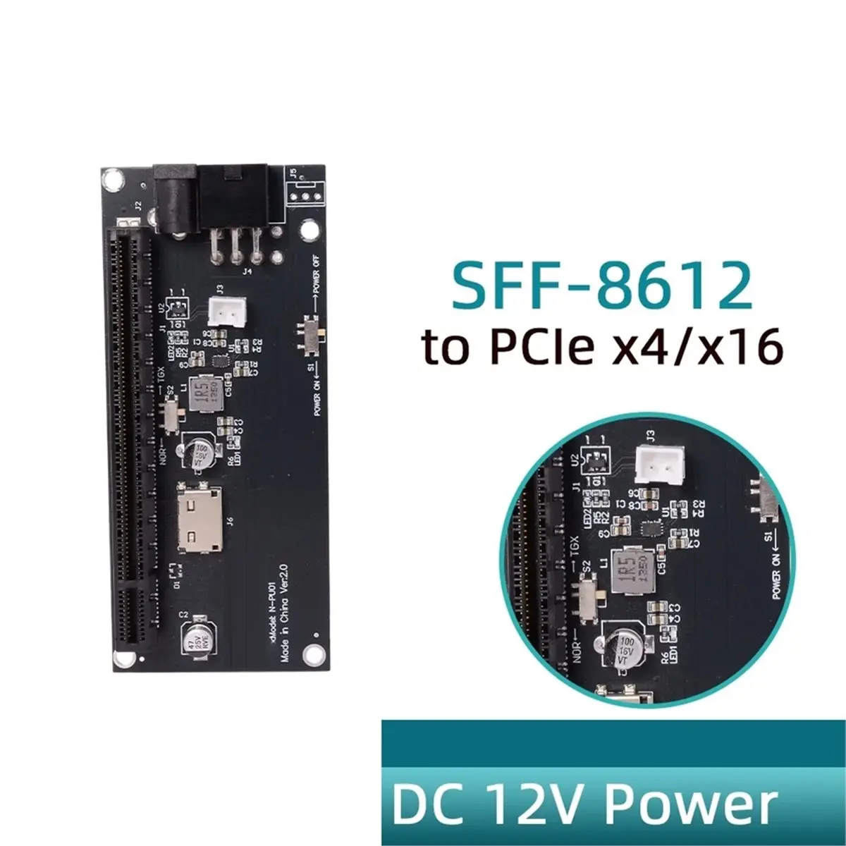Фото Адаптер-карта SWXF Oculink SFF-8612 для слотов PCIe X4 X16 с питанием GPU DC 12V для материнских плат ПК и видеокарт №5