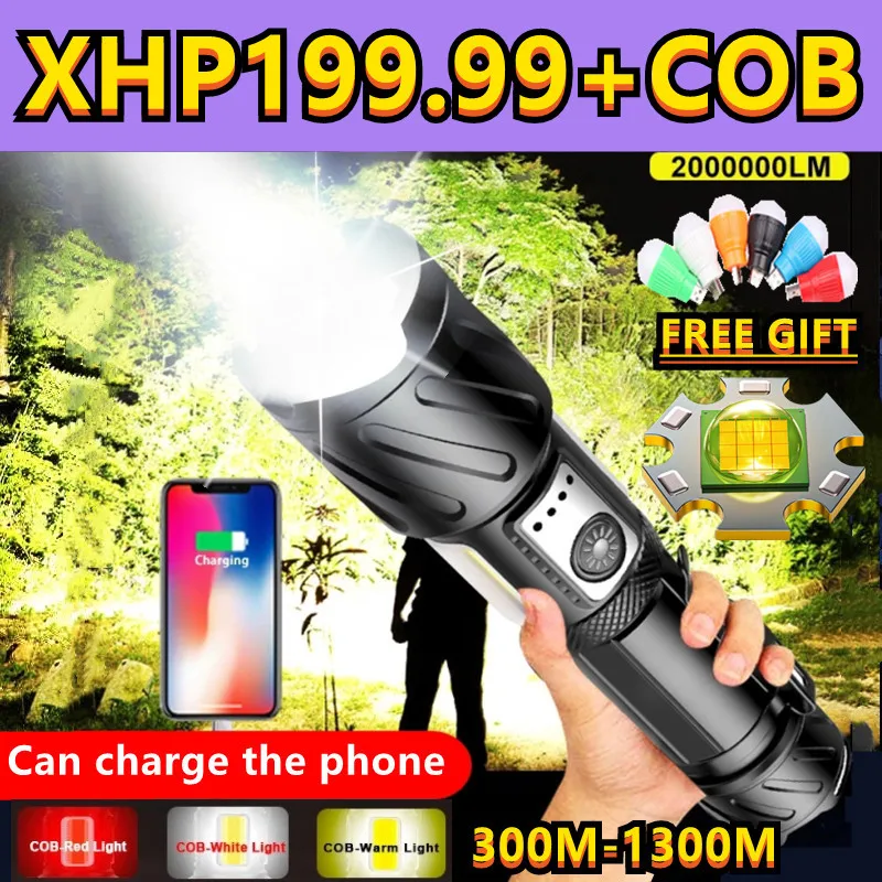 

1000000 Lumen Powerful LED Flashlight 8000mAH USB Rechargeable XHP199 Portable Zoom Torch IPX65 Tactical Flash Lamp Head Lantern