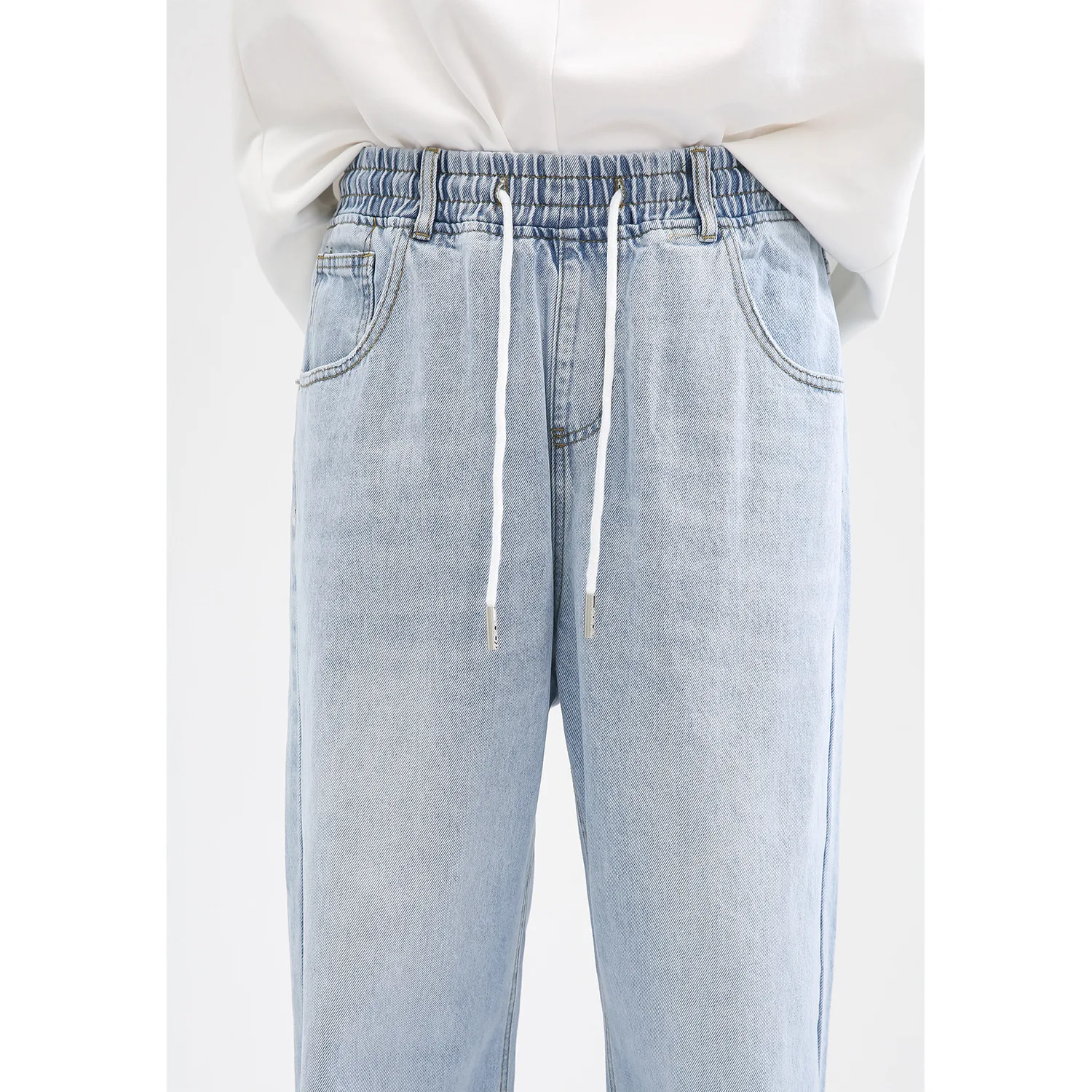 Four Seasons Men's Pants Simple Solid Color Elastic Waist Casual Loose Straight Blue Jeans Men's Hip Hop Street Style Clothing