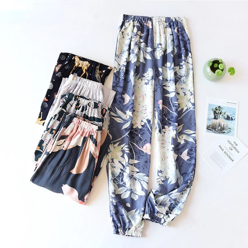 

Summer Cotton Printing Women Pajama Bottoms Elastic Waist Ankle-Length Pants Sleep Wear for Women Lounge Wear Closing Pants