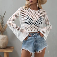 2022 summer and autume new pullover knitted sweater trumpet sleeve loose round neck hollow sweater women