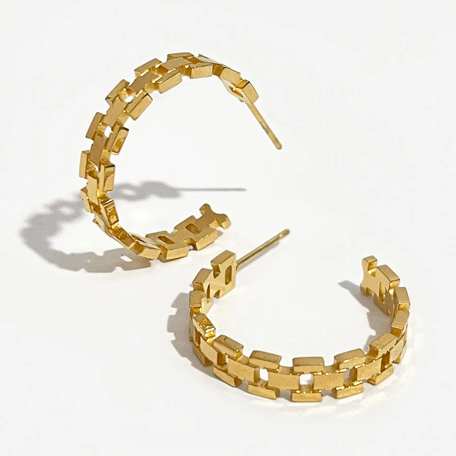 

Peri'sBox 3 Sizes Geometric Hollow Curb Chain C Shaped Earrings Gold Color Stainless Steel Hoop Earring For Women Daily Jewelry