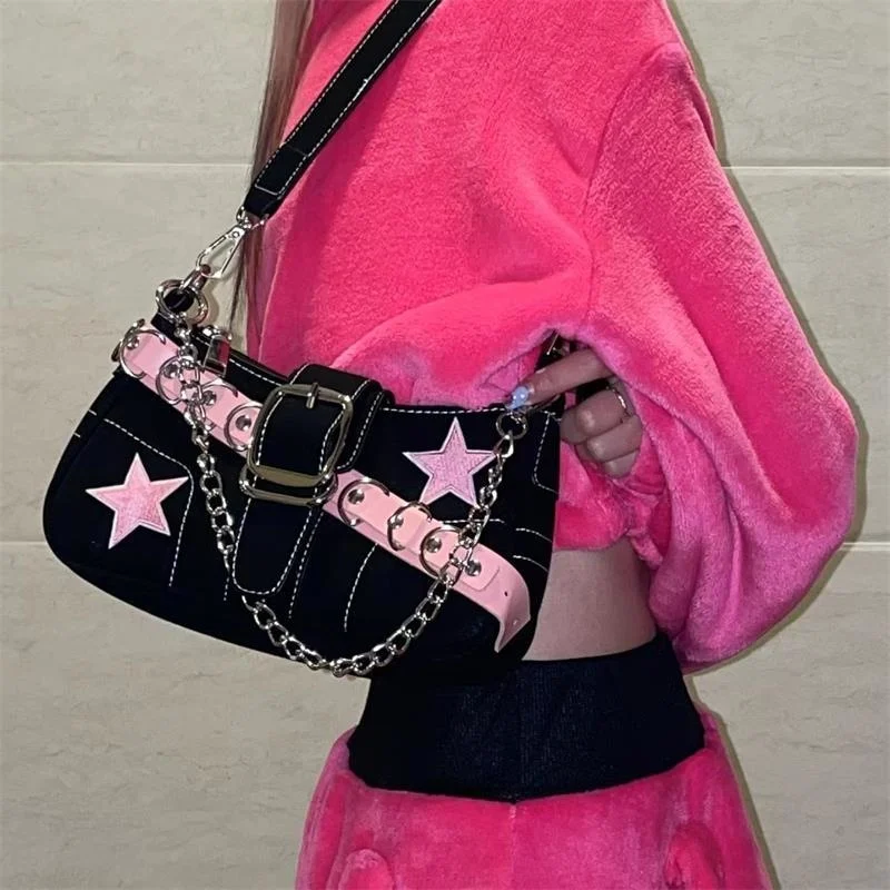 

Y2k Pink Star Women's Small Shoulder Bag Hot Cool Girls Fashion Matt Leather Female Underarm Bags Chain Design Tote Handbags