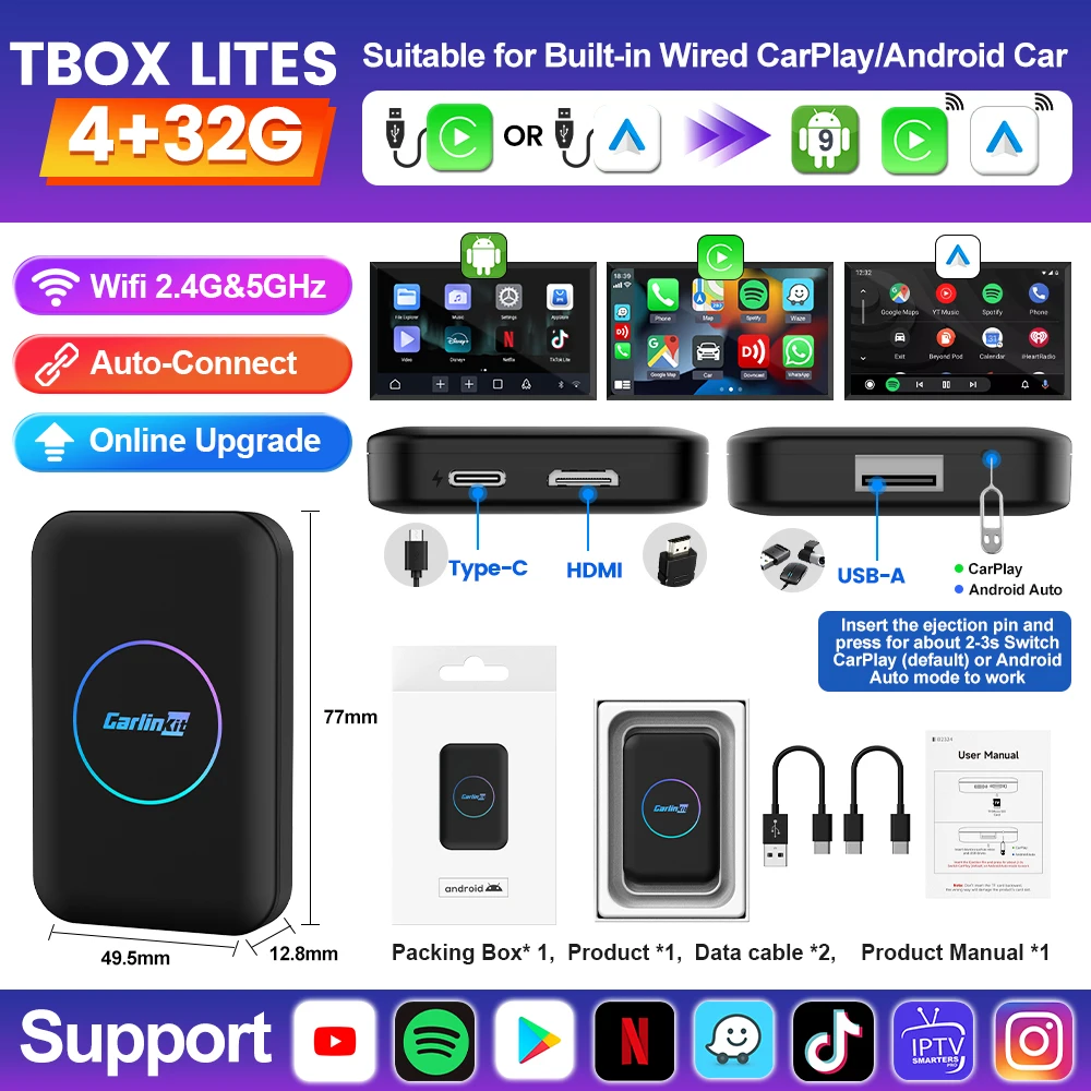 

CarlinKit Mini Wireless Carplay TV Box 4 + 32G 5 в 1 Android Auto Wireless AI Box HD Display CarPlay адаптер для Youtube Netflix