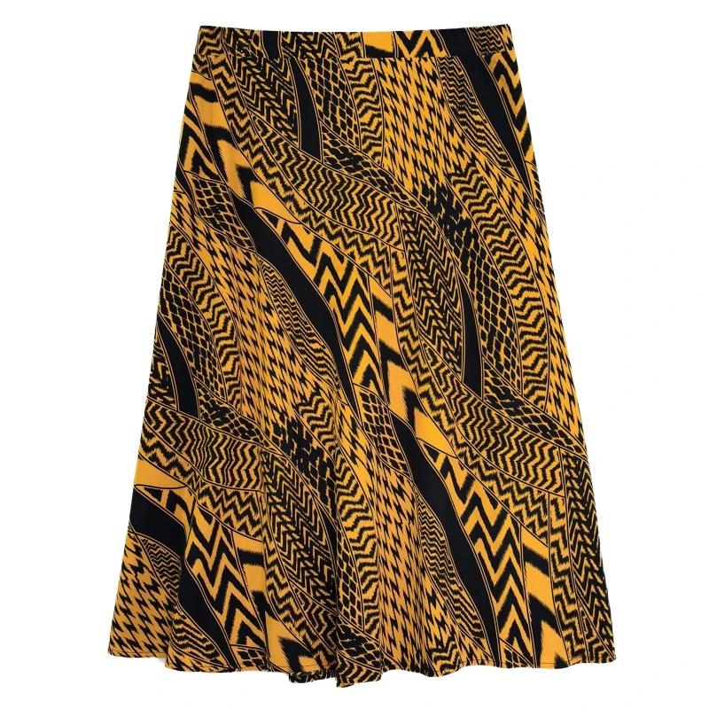 

CPDD Elegant Midi Long A-Line Skirt Women Autumn Casual Geometric Striped Print All-Match Elastic High Waist Loose Clubwear