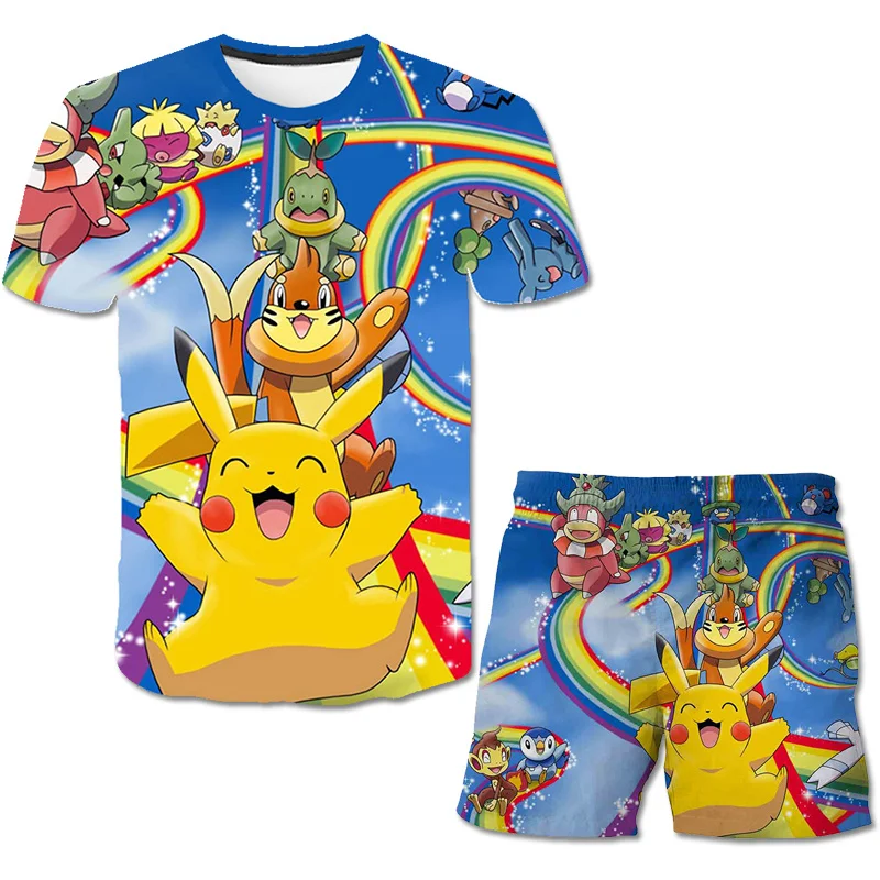 

Children Pokémon T Shirts Short Pant Sets Kids Pokemon Boys And Girl Summer 3D Printed Clothes Suit 4-14 Years Cartoon Tees 2PCS