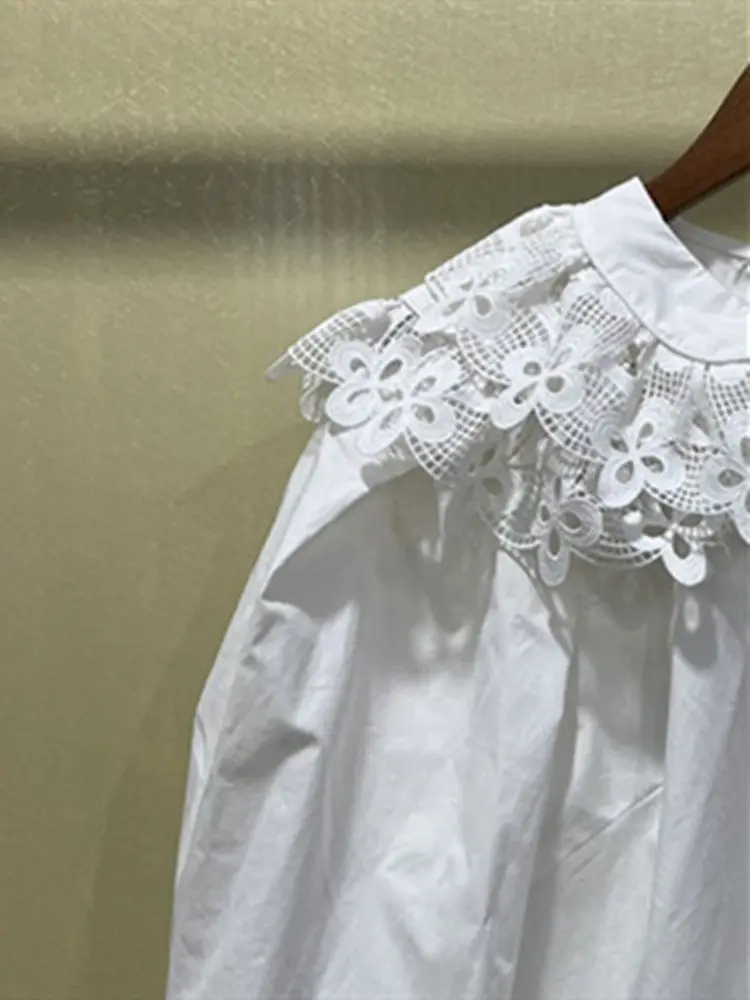 

Женская кружевная рубашка с оборками на воротнике, белая элегантная однобортная милая блузка с короткими рукавами-фонариками для ранней весны, 2022