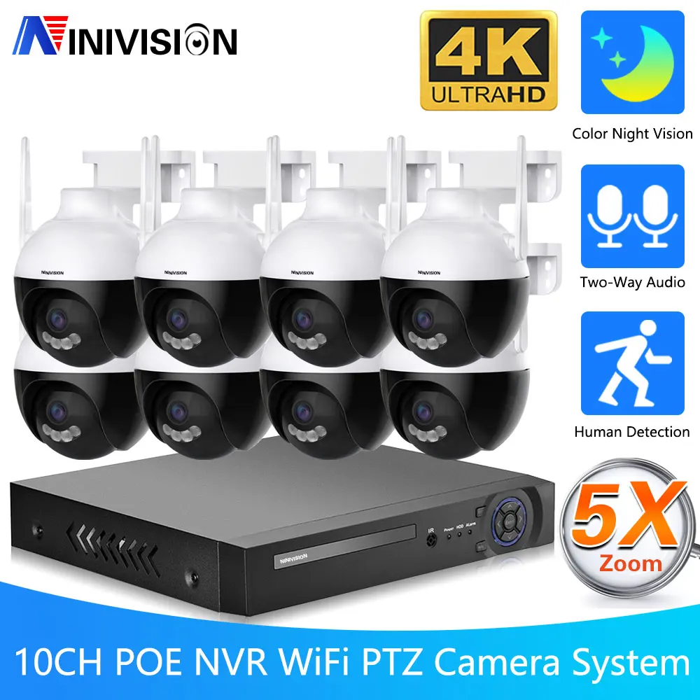 

4K 10CH POE NVR Security System With 8MP Wifi PTZ IP Camera Auto Track Two-Way Audio CCTV Video Surveillance System Kit 8CH Set