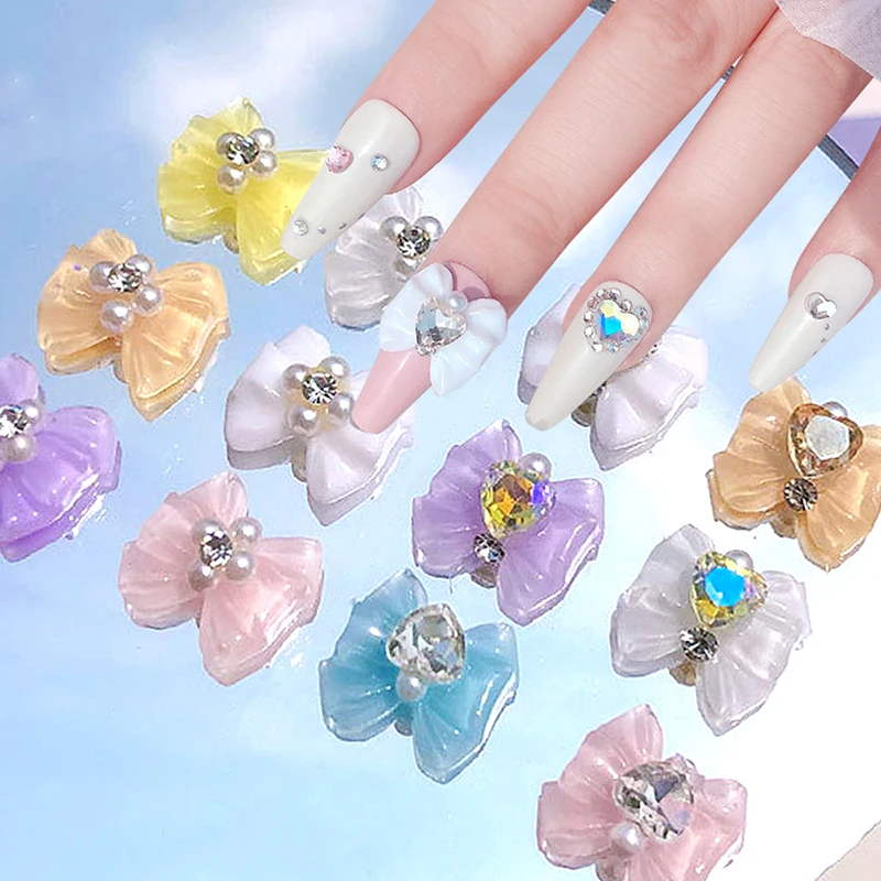 

3D Nail Charms Bow Nail Rhinestones Shiny Crystal Heart Bowknot Nail Gems Diamonds Nail Accessories Resin Nail Art Decorations