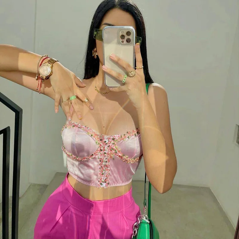 

Summer Women's Sexy Vests Ladies Female Retro Patchwork Flower Design Sleeveless Sling Crop Slim V-Neck Short Tops Tanks Camis