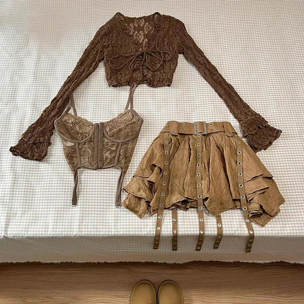 Модный винтажный комплект из 3 предметов в стиле Харадзюку женский короткий