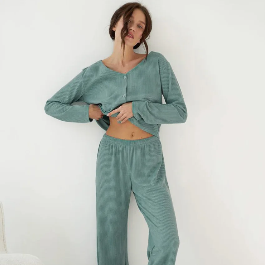 Женский домашний пижамный комплект в полоску зеленая кофта с длинным рукавом и