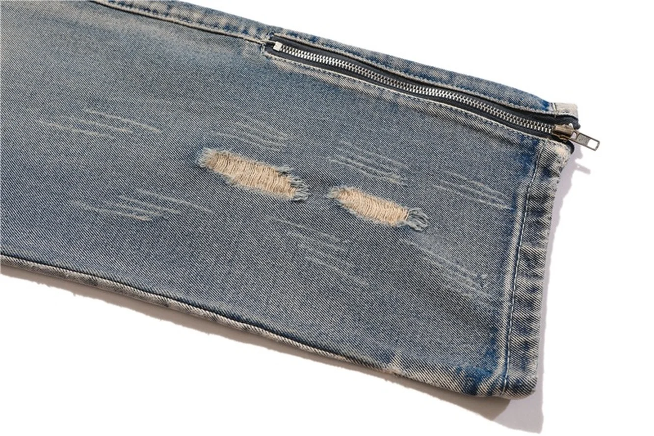 Cav Empt Logo Hole Jeans Trouser mens jeans Washed CAVEMPT C.E Ripped Jeans Men Women 1:1 High Quality Zipper