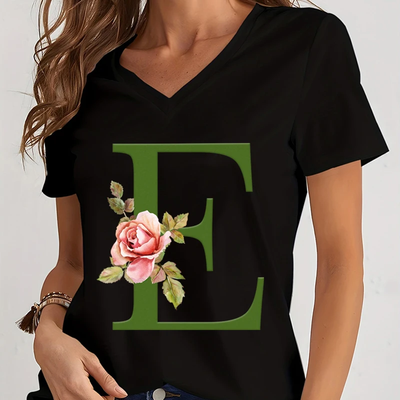 Женская футболка с V-образным вырезом Винтажная буквами Сакуры и графическим