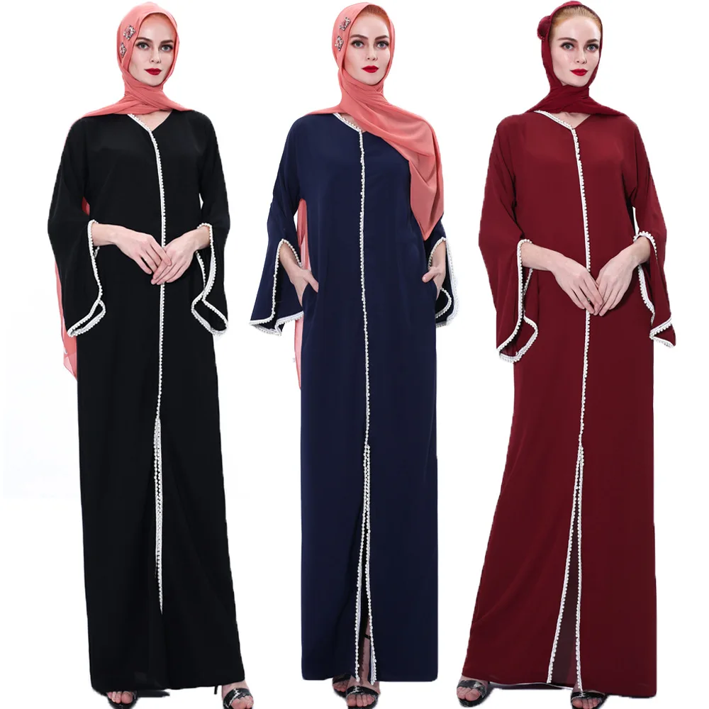 Женское длинное платье с жемчугом, элегантное платье с рукавами-фонариками в мусульманском стиле, абайя, Дубай, Турция, лето